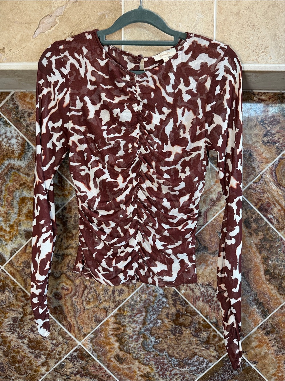 Parker Brown Cream Abstract Print Ruched Mesh Long Sleeve Top Lined Size XS